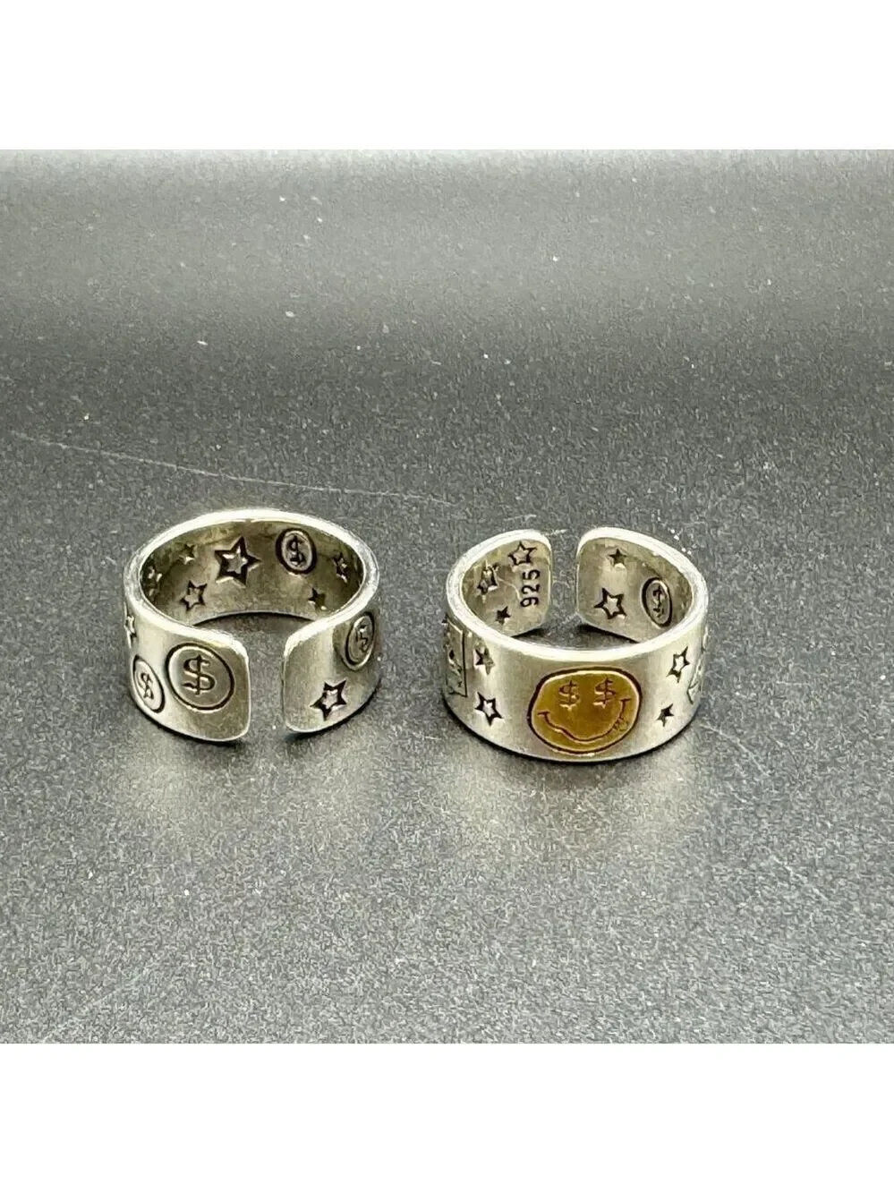 925 Sterling Smiley Happy Money Face Poker Boho Ring (Two Tone) #1381